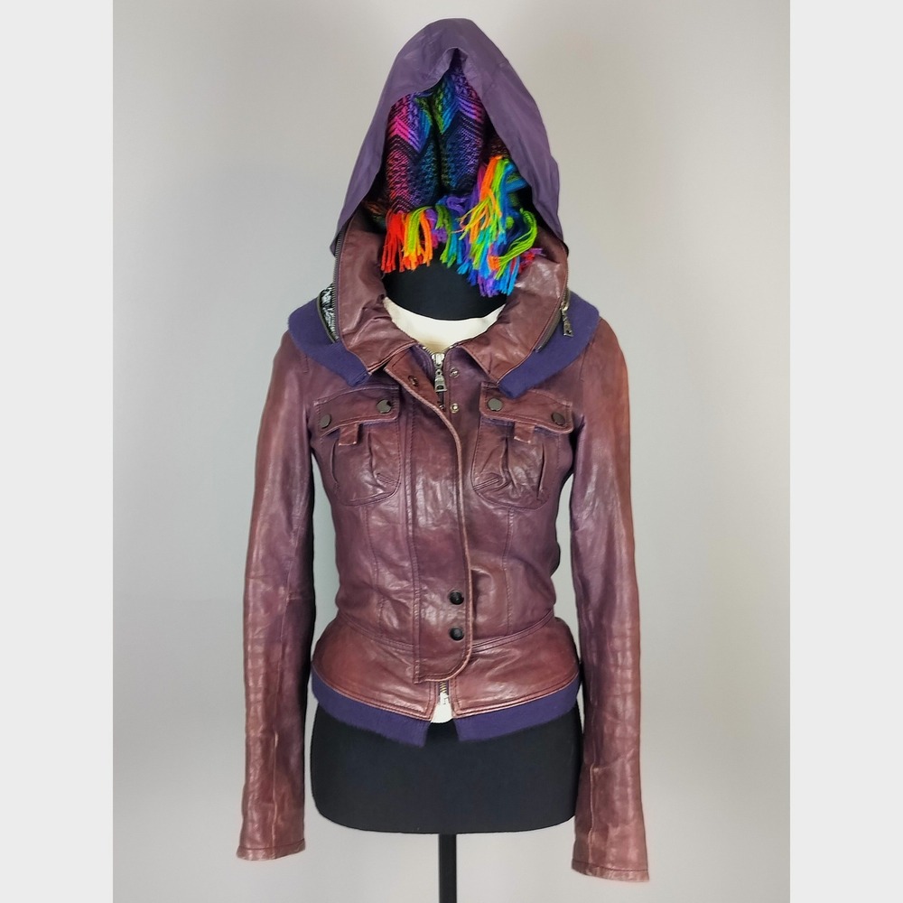 Danier Italian Leather Hooded Bomber Jacket Womens 2XS Purple‎ Ribbed Wool Trim